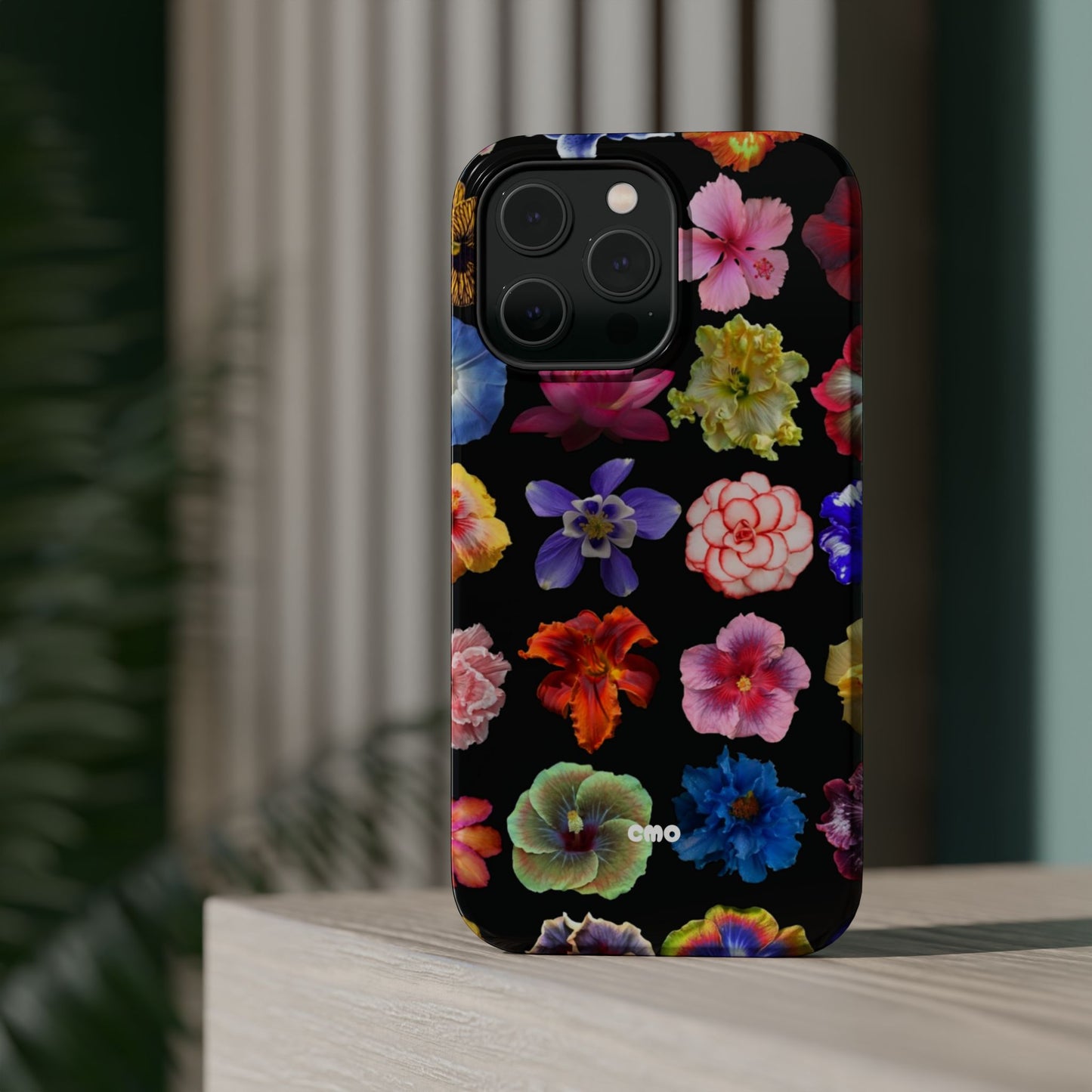 Magnetic Floral Impact-Resistant Phone Case — Colorful Blossoms on Black