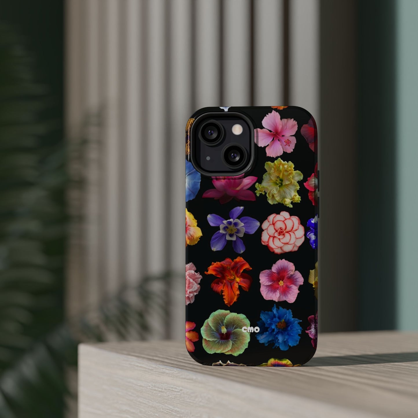 Magnetic Floral Impact-Resistant Phone Case — Colorful Blossoms on Black