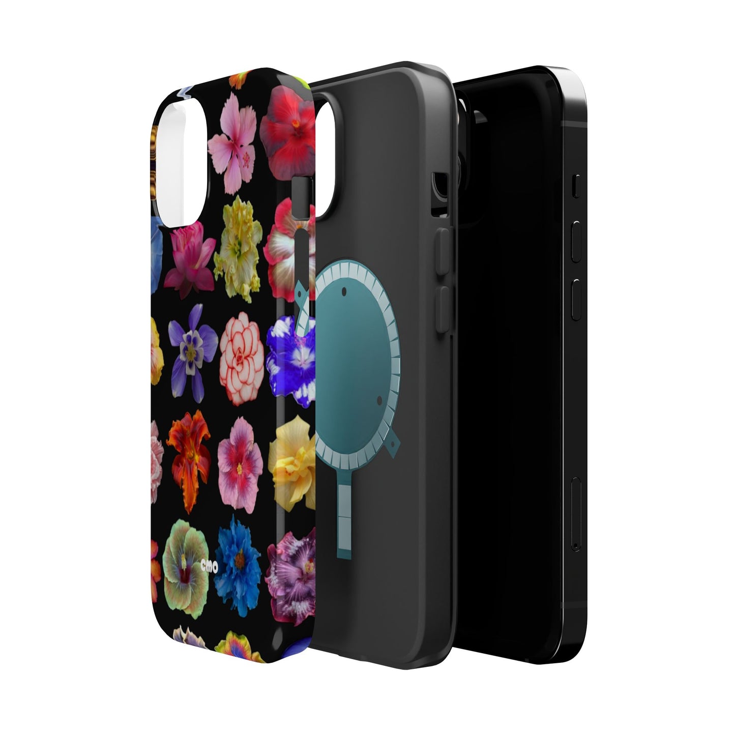 Magnetic Floral Impact-Resistant Phone Case — Colorful Blossoms on Black