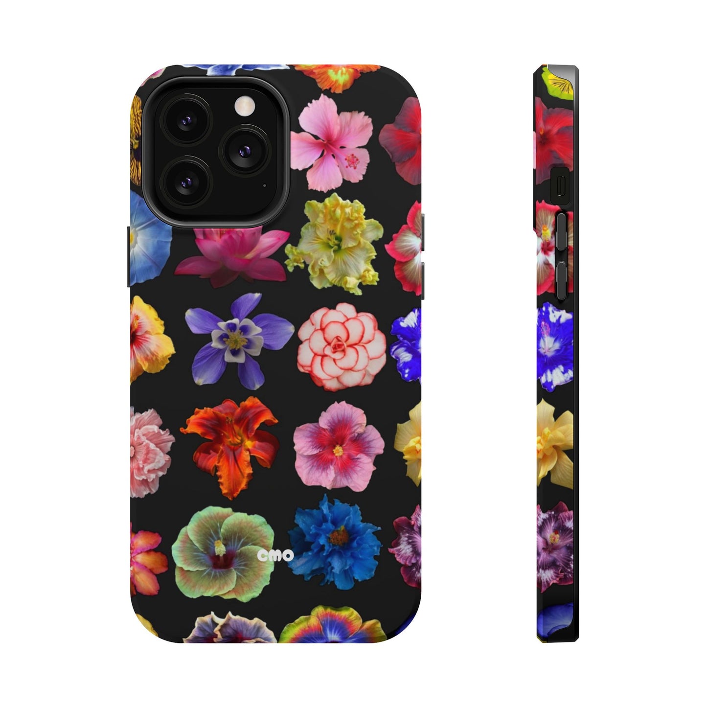 Magnetic Floral Impact-Resistant Phone Case — Colorful Blossoms on Black