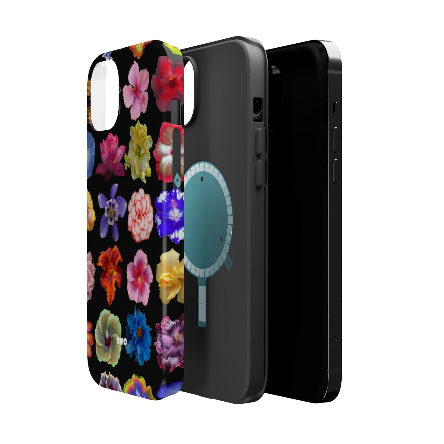 Magnetic Floral Impact-Resistant Phone Case — Colorful Blossoms on Black