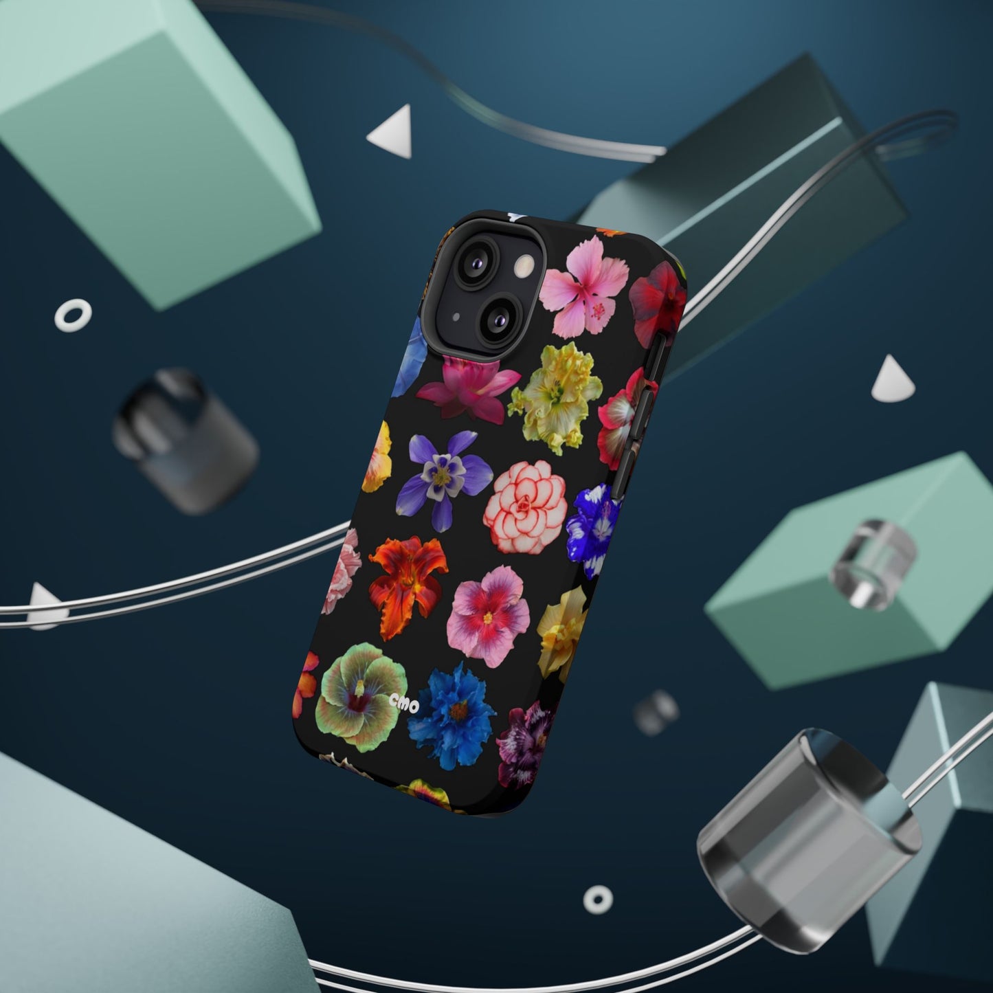 Magnetic Floral Impact-Resistant Phone Case — Colorful Blossoms on Black