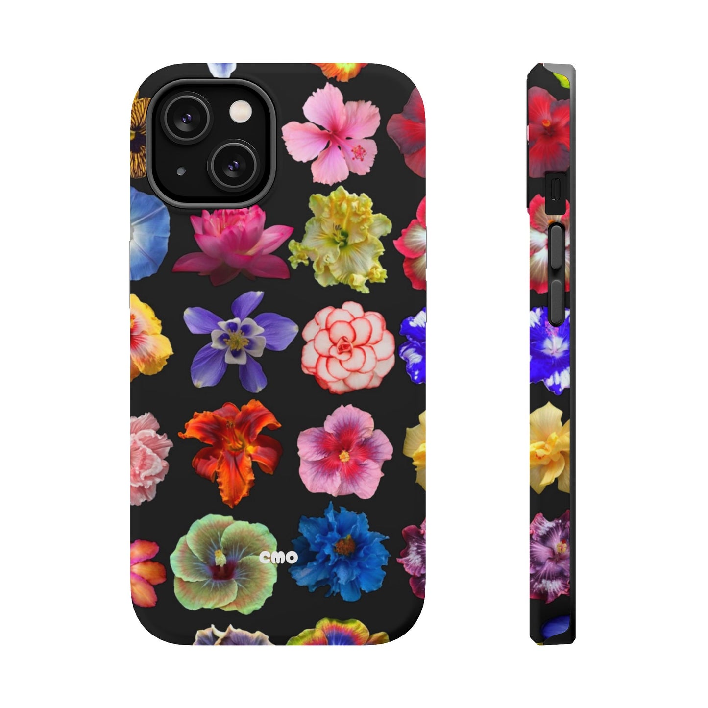 Magnetic Floral Impact-Resistant Phone Case — Colorful Blossoms on Black
