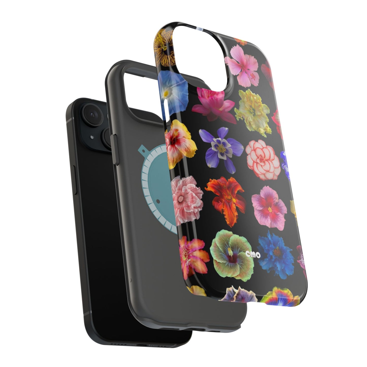 Magnetic Floral Impact-Resistant Phone Case — Colorful Blossoms on Black