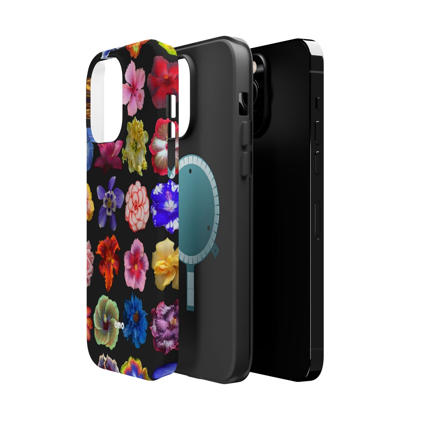 Magnetic Floral Impact-Resistant Phone Case — Colorful Blossoms on Black