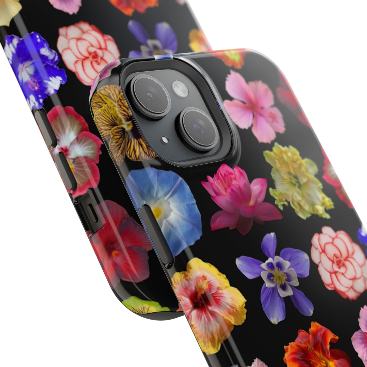 Magnetic Floral Impact-Resistant Phone Case — Colorful Blossoms on Black