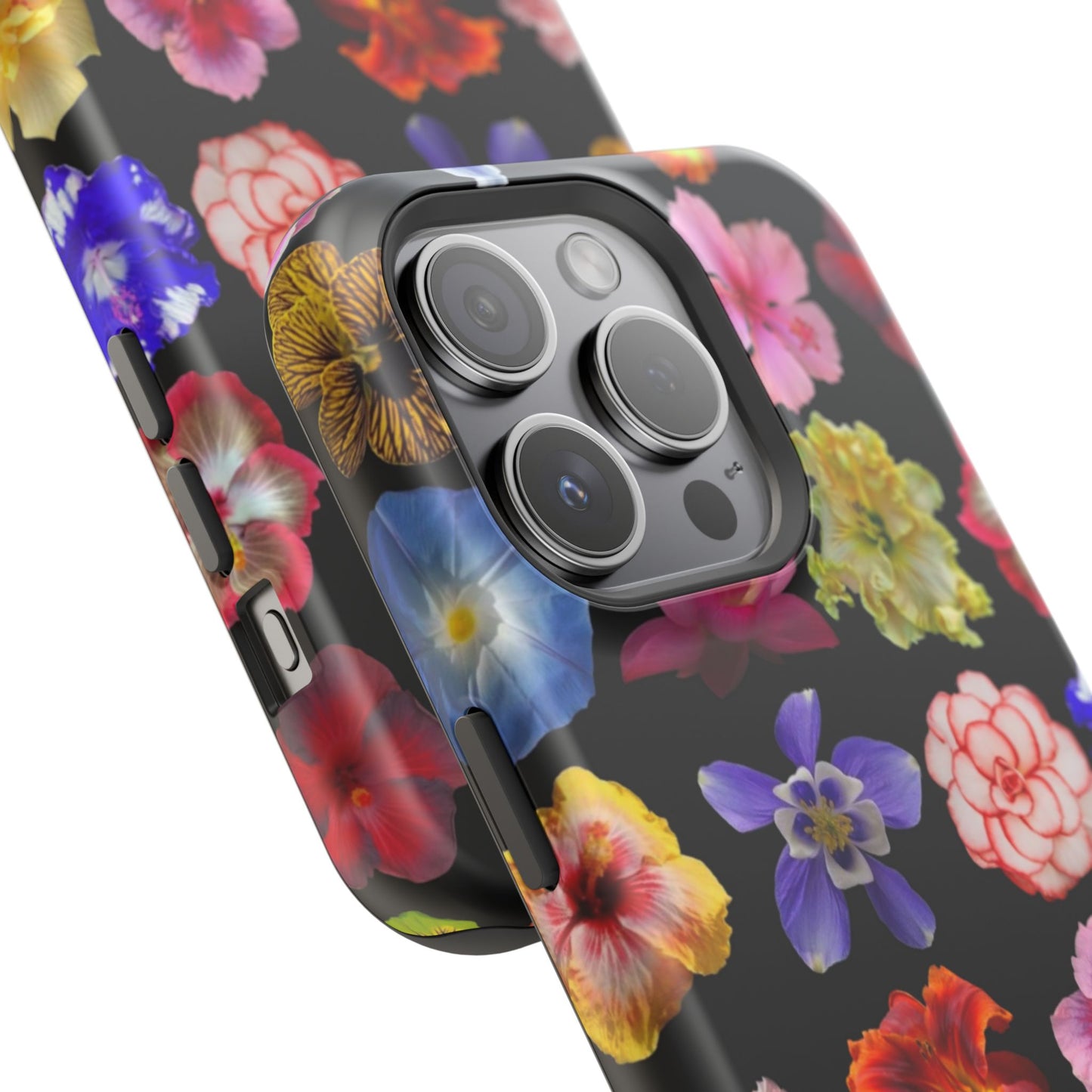 Magnetic Floral Impact-Resistant Phone Case — Colorful Blossoms on Black