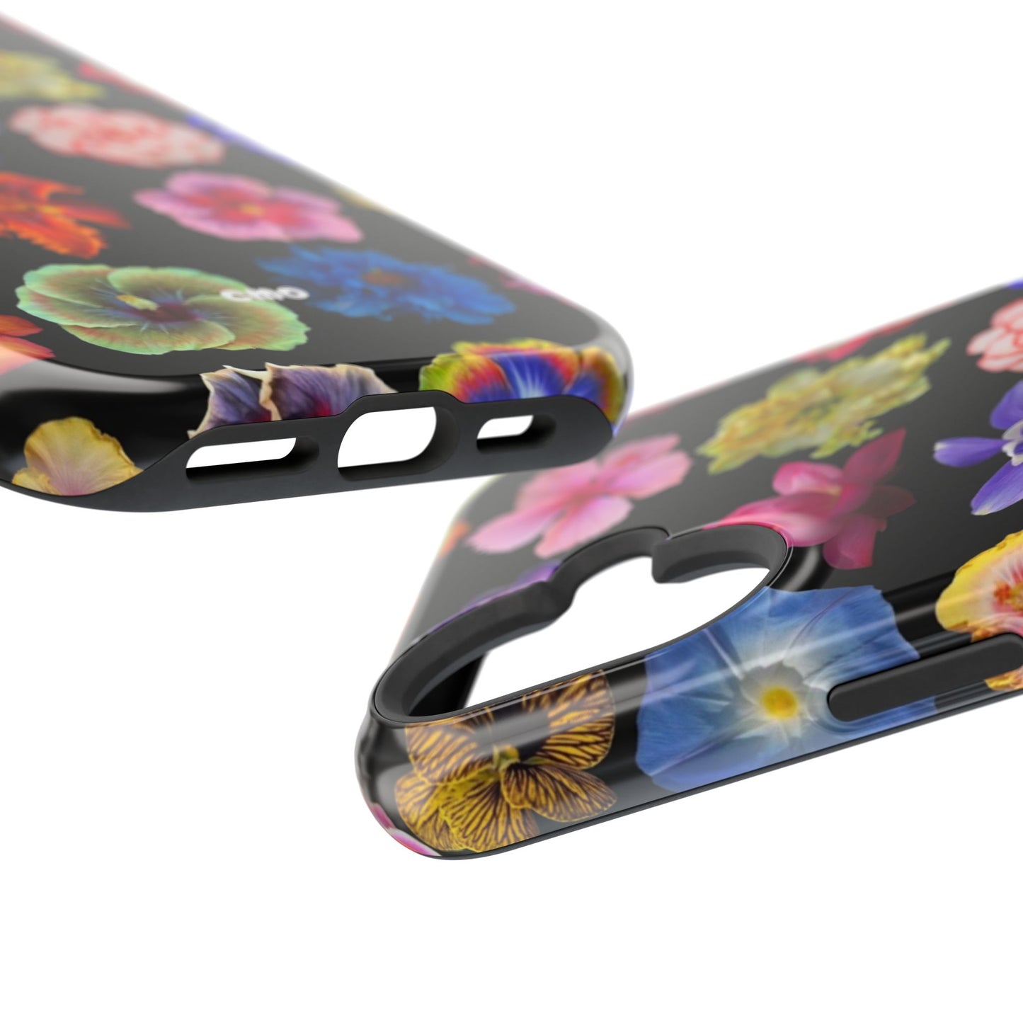Magnetic Floral Impact-Resistant Phone Case — Colorful Blossoms on Black
