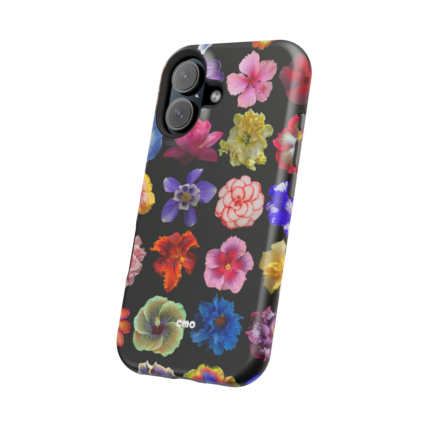 Magnetic Floral Impact-Resistant Phone Case — Colorful Blossoms on Black