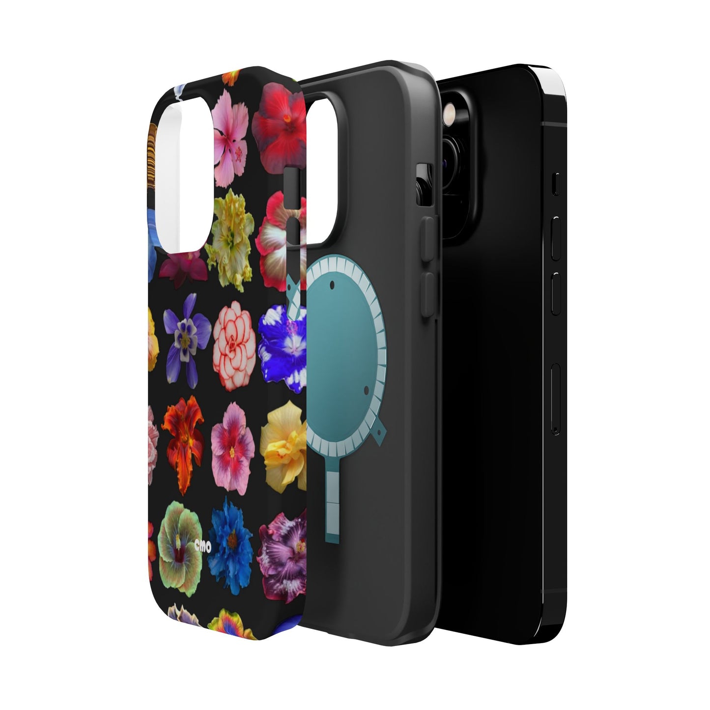 Magnetic Floral Impact-Resistant Phone Case — Colorful Blossoms on Black