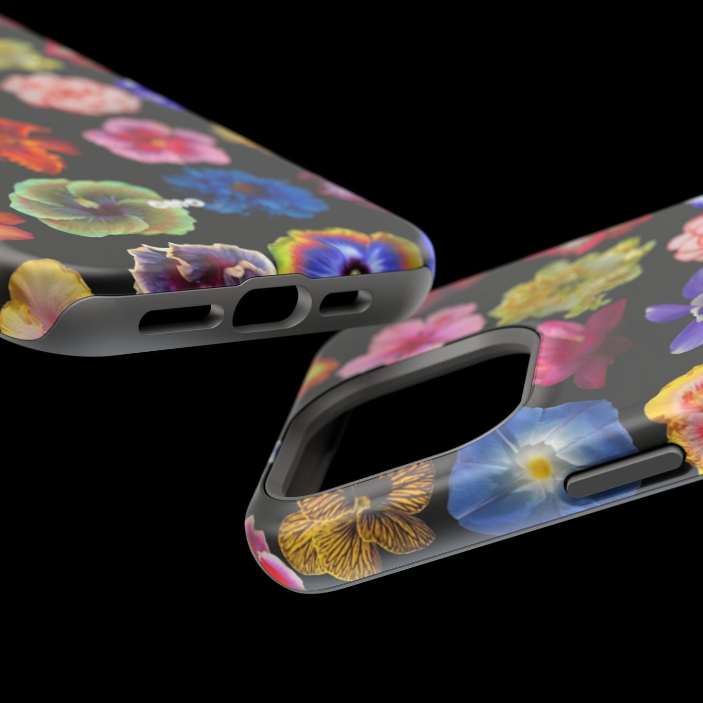 Magnetic Floral Impact-Resistant Phone Case — Colorful Blossoms on Black