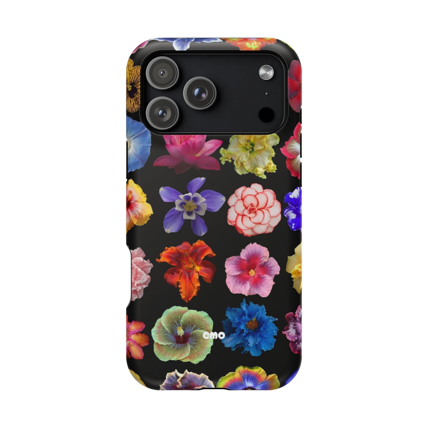 Magnetic Floral Impact-Resistant Phone Case — Colorful Blossoms on Black