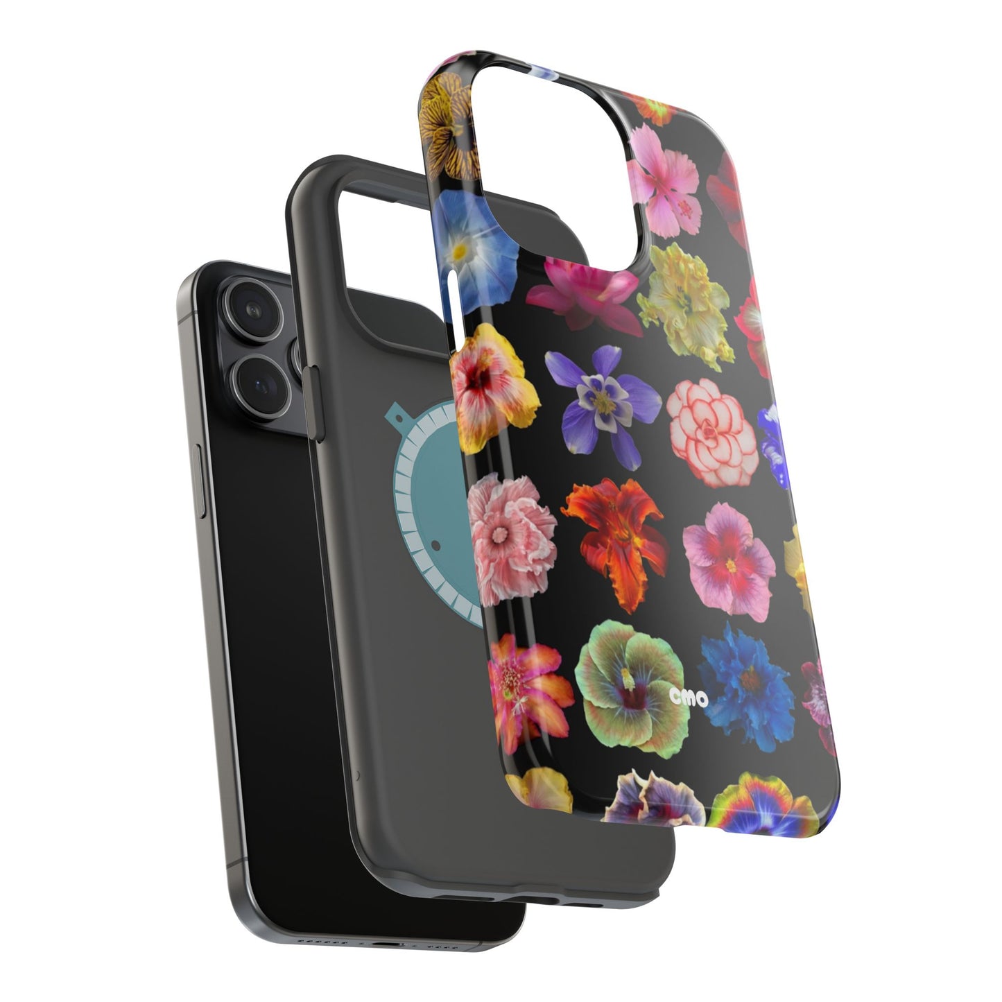 Magnetic Floral Impact-Resistant Phone Case — Colorful Blossoms on Black