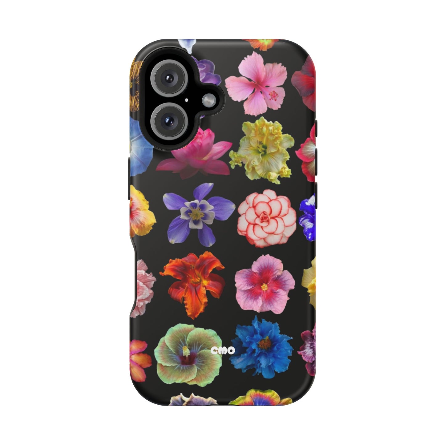 Magnetic Floral Impact-Resistant Phone Case — Colorful Blossoms on Black