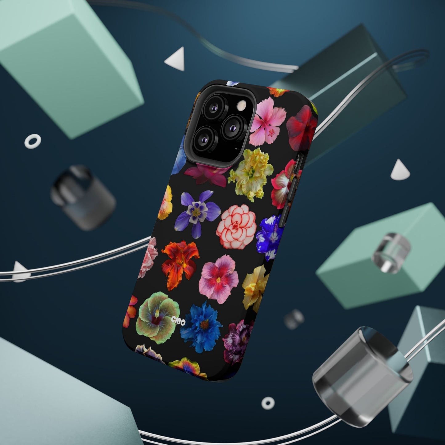 Magnetic Floral Impact-Resistant Phone Case — Colorful Blossoms on Black