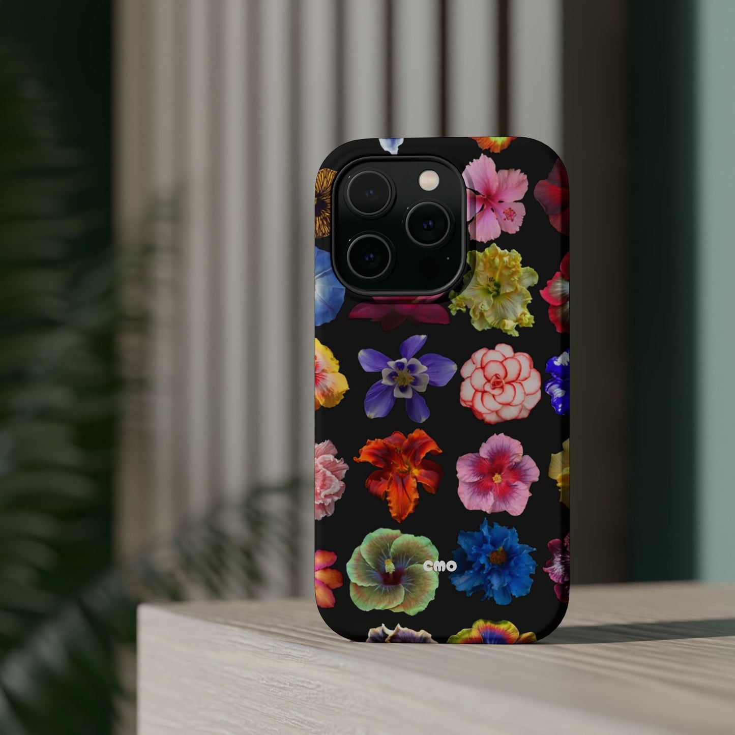 Magnetic Floral Impact-Resistant Phone Case — Colorful Blossoms on Black