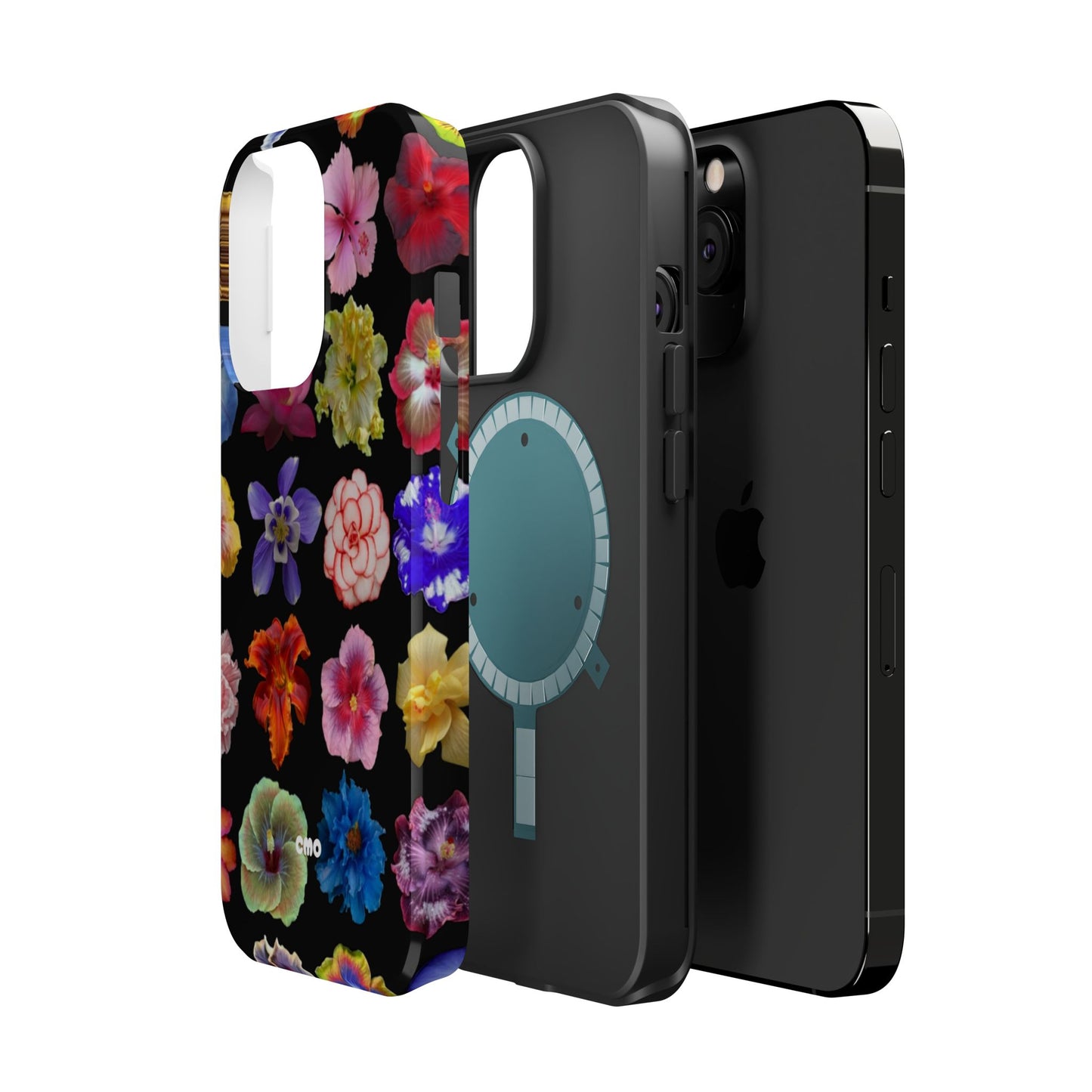 Magnetic Floral Impact-Resistant Phone Case — Colorful Blossoms on Black