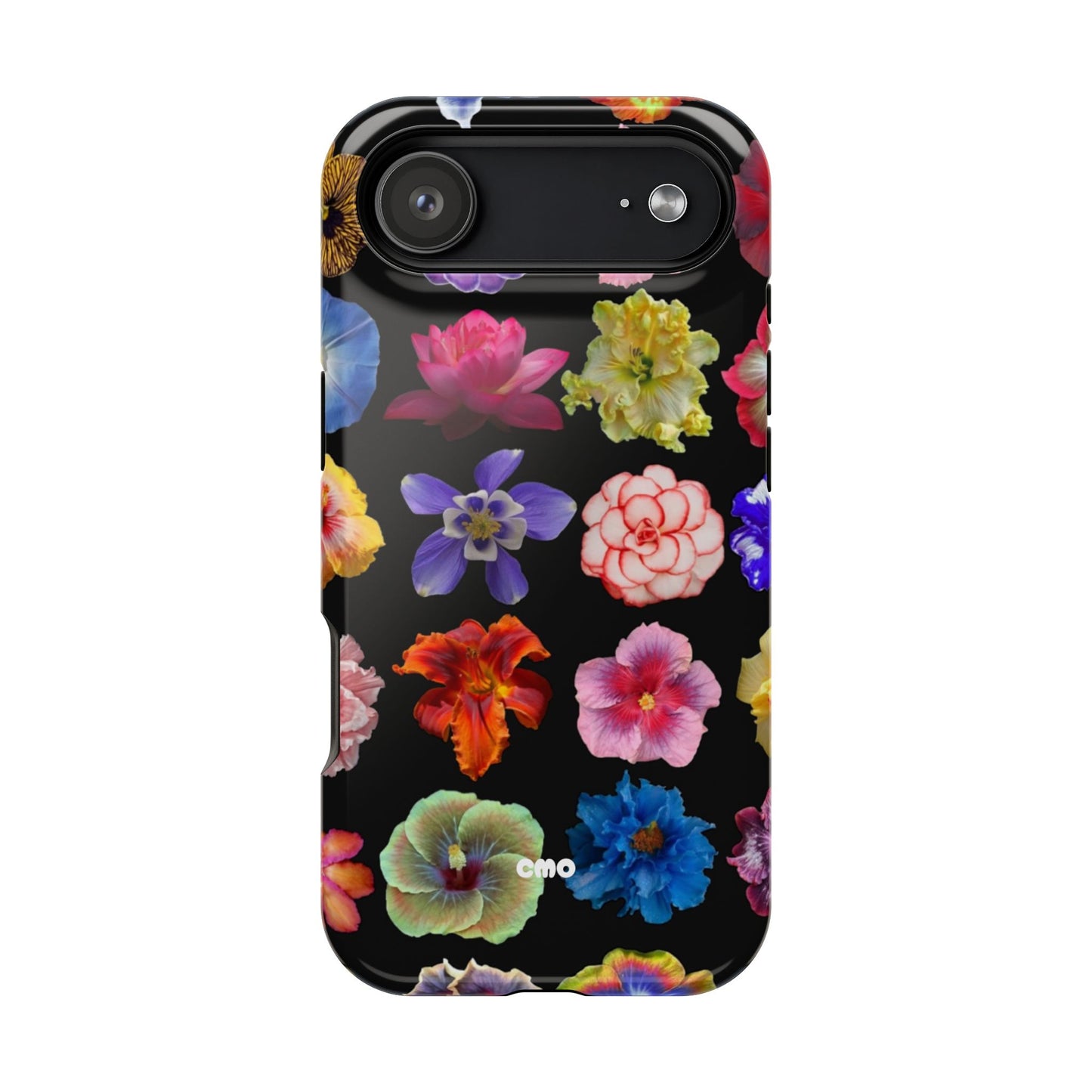 Magnetic Floral Impact-Resistant Phone Case — Colorful Blossoms on Black