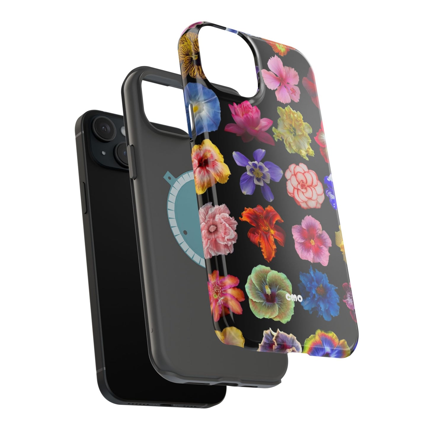 Magnetic Floral Impact-Resistant Phone Case — Colorful Blossoms on Black
