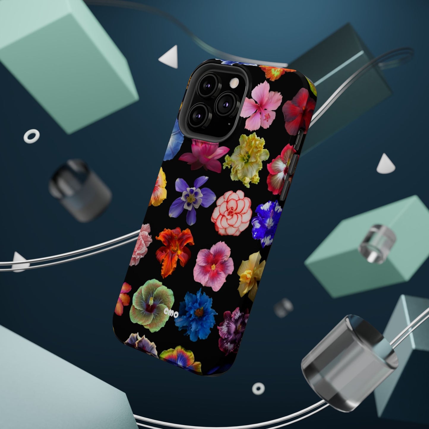 Magnetic Floral Impact-Resistant Phone Case — Colorful Blossoms on Black