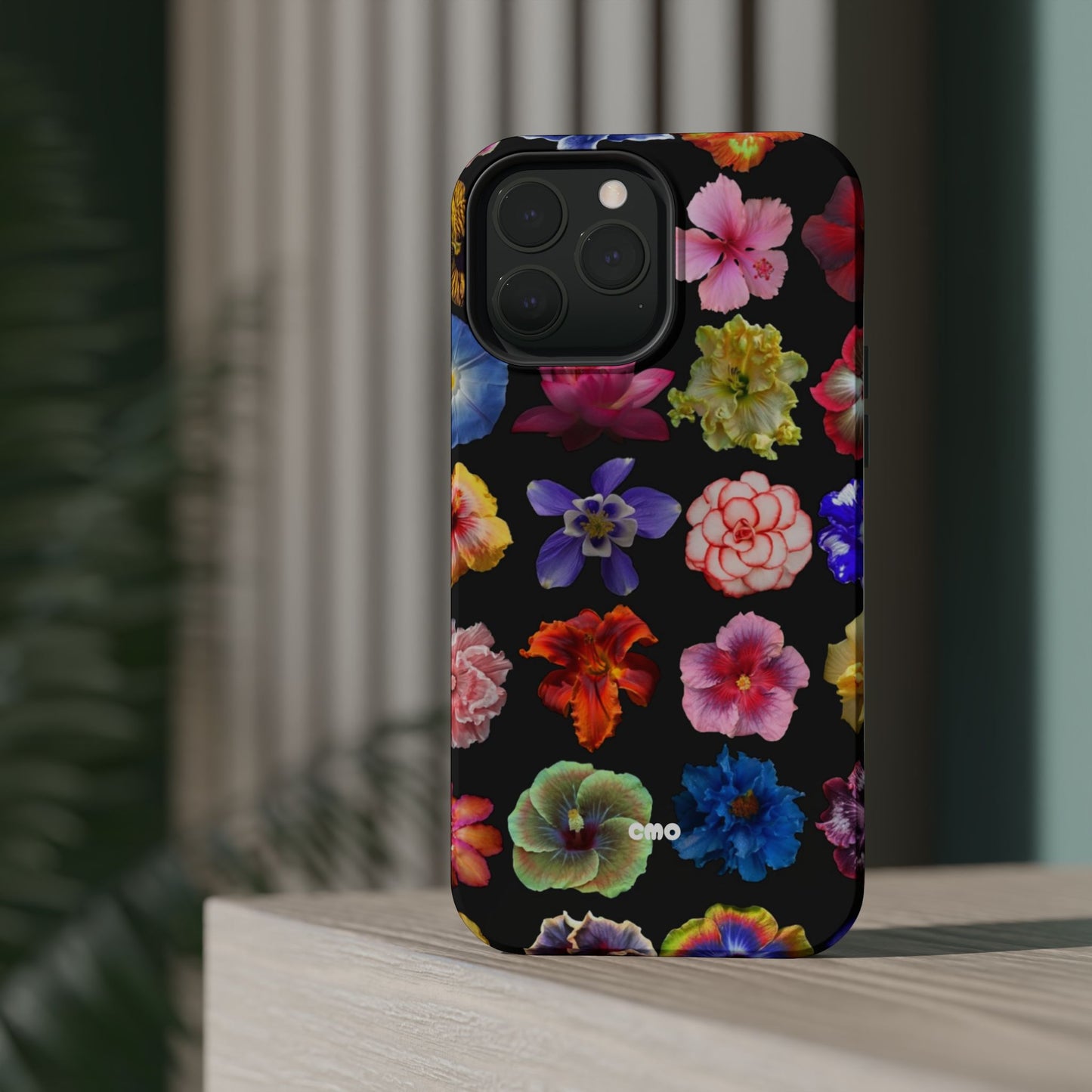 Magnetic Floral Impact-Resistant Phone Case — Colorful Blossoms on Black