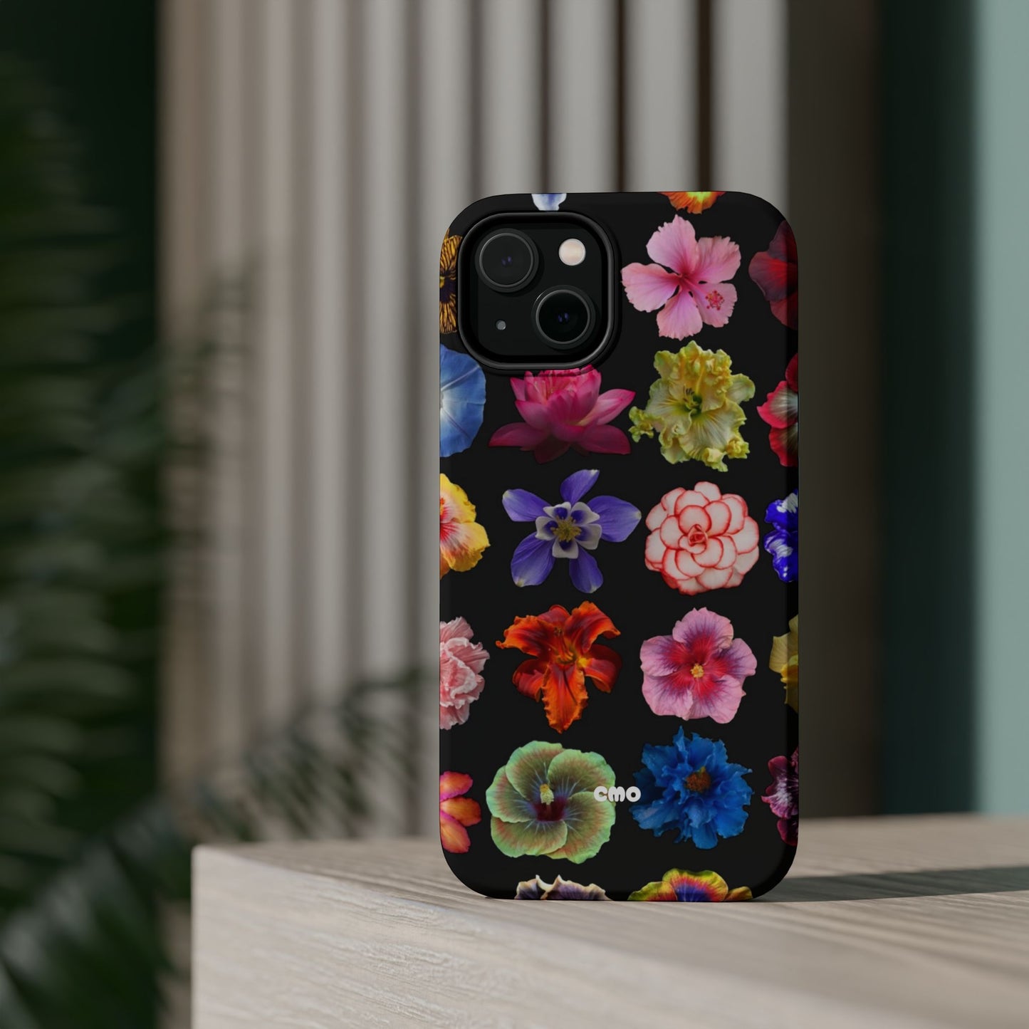Magnetic Floral Impact-Resistant Phone Case — Colorful Blossoms on Black