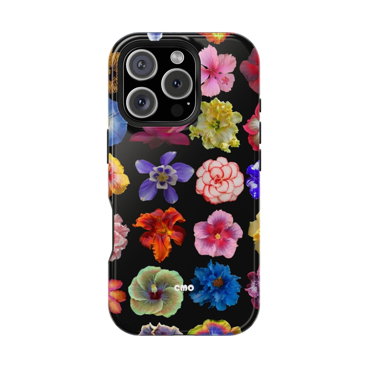 Magnetic Floral Impact-Resistant Phone Case — Colorful Blossoms on Black