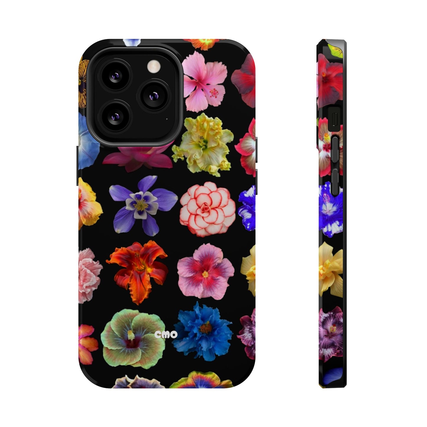 Magnetic Floral Impact-Resistant Phone Case — Colorful Blossoms on Black