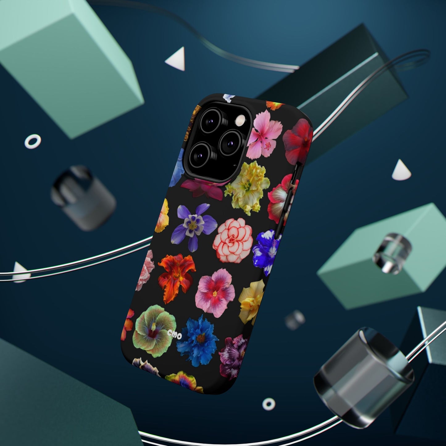 Magnetic Floral Impact-Resistant Phone Case — Colorful Blossoms on Black