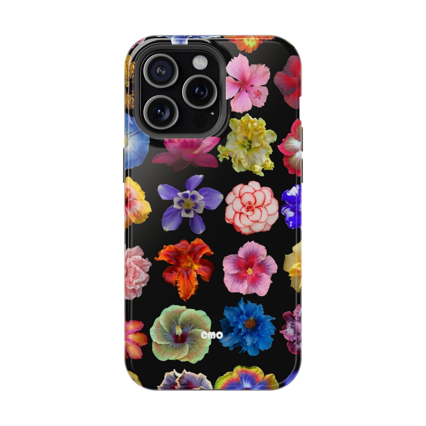 Magnetic Floral Impact-Resistant Phone Case — Colorful Blossoms on Black