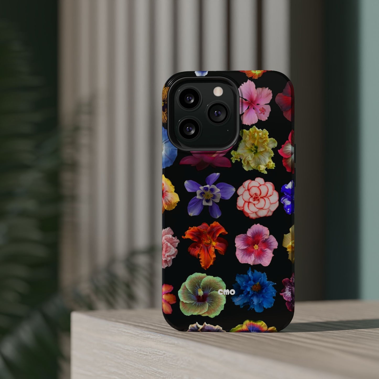 Magnetic Floral Impact-Resistant Phone Case — Colorful Blossoms on Black
