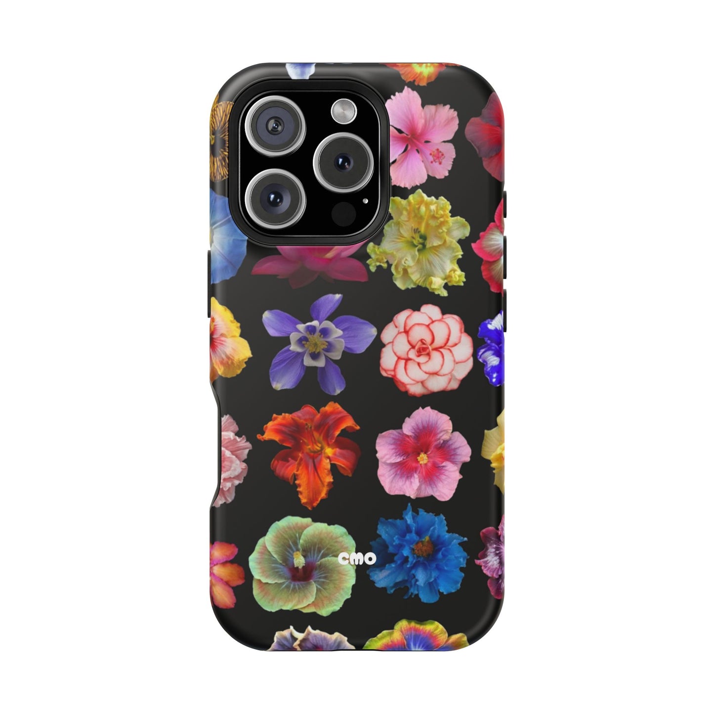 Magnetic Floral Impact-Resistant Phone Case — Colorful Blossoms on Black