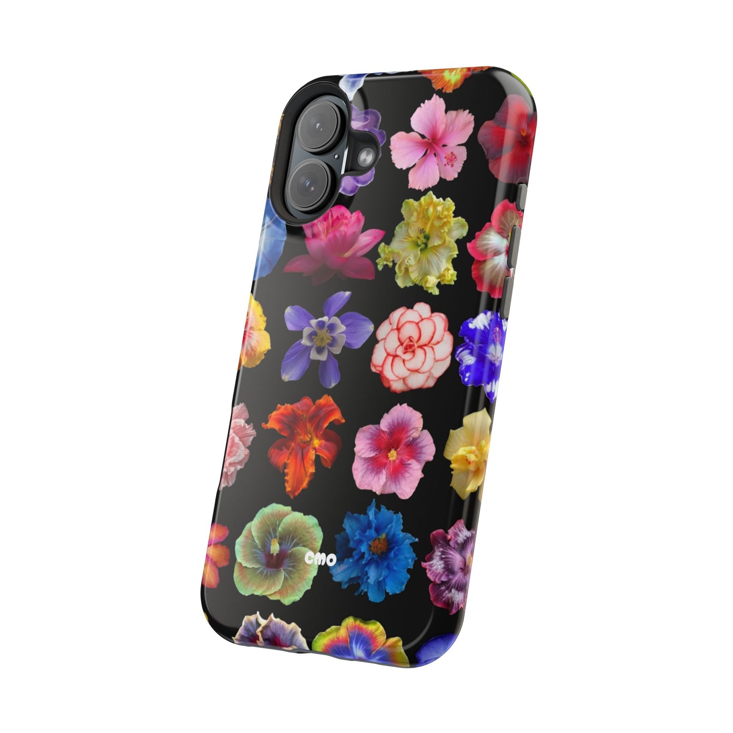 Magnetic Floral Impact-Resistant Phone Case — Colorful Blossoms on Black