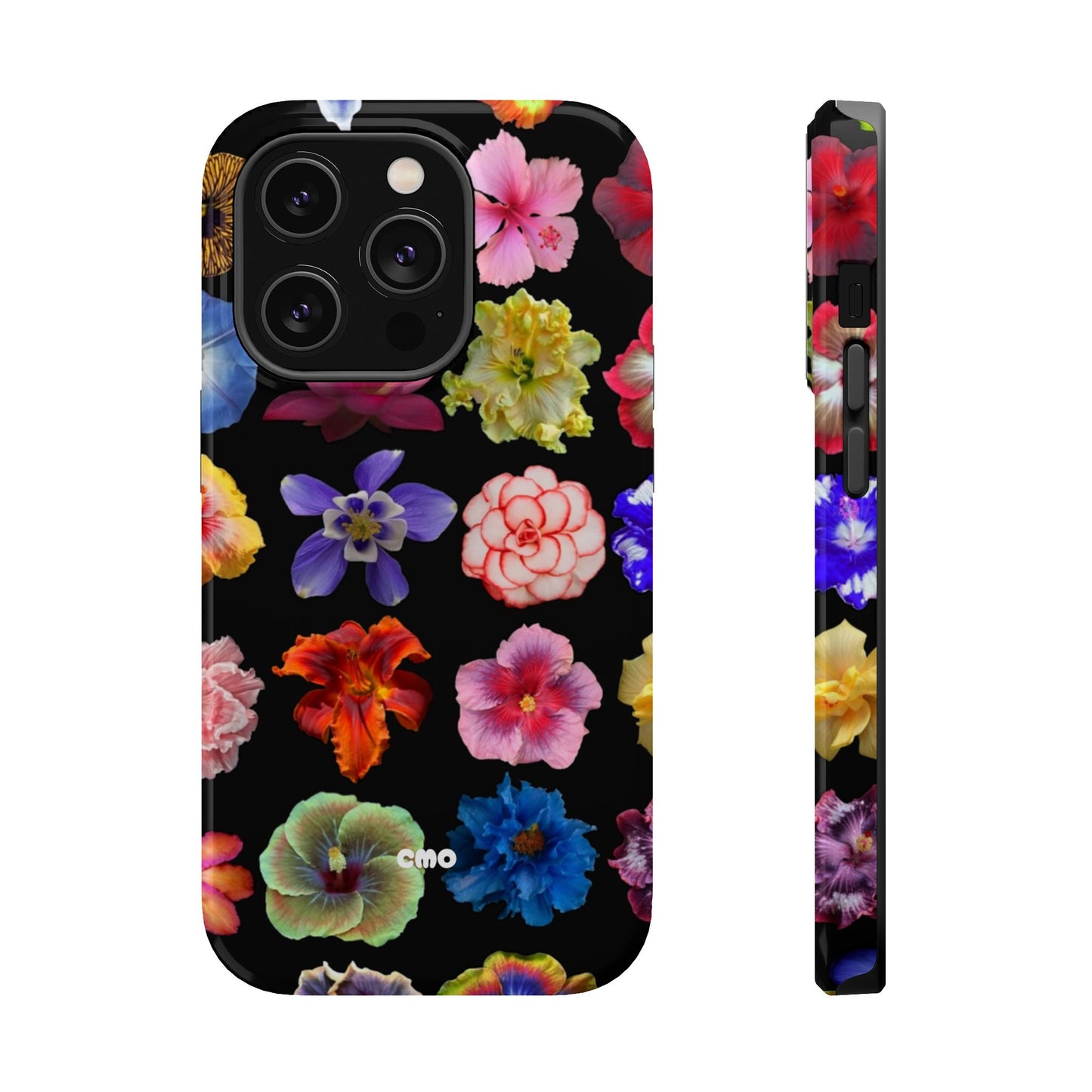 Magnetic Floral Impact-Resistant Phone Case — Colorful Blossoms on Black