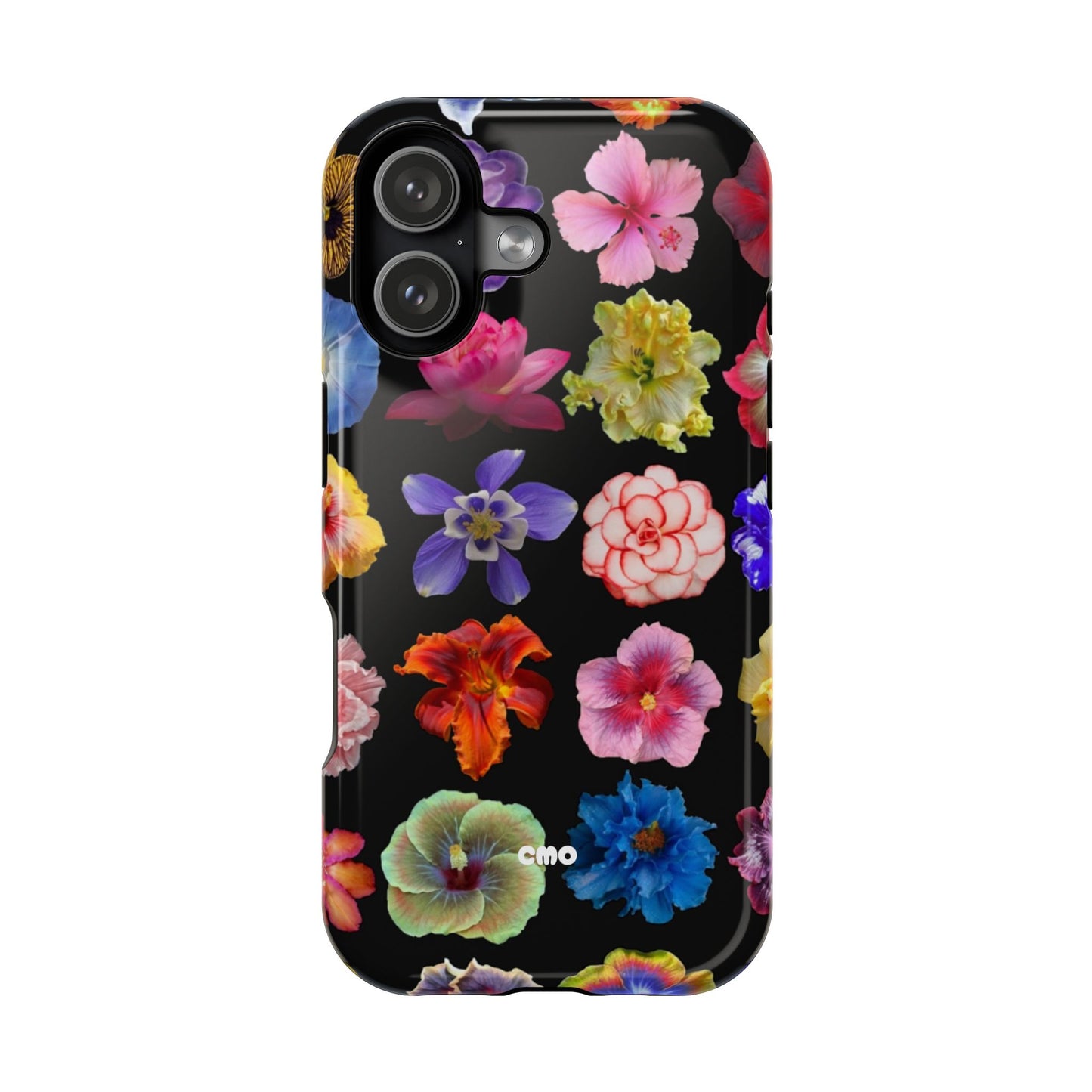 Magnetic Floral Impact-Resistant Phone Case — Colorful Blossoms on Black