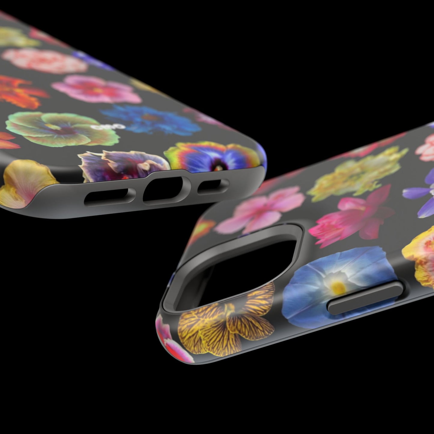 Magnetic Floral Impact-Resistant Phone Case — Colorful Blossoms on Black