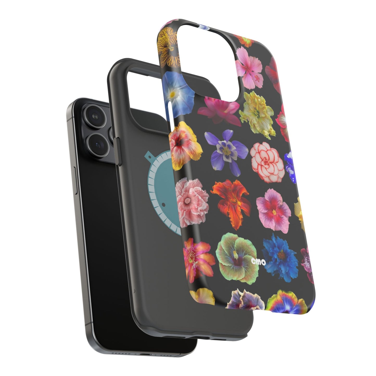 Magnetic Floral Impact-Resistant Phone Case — Colorful Blossoms on Black