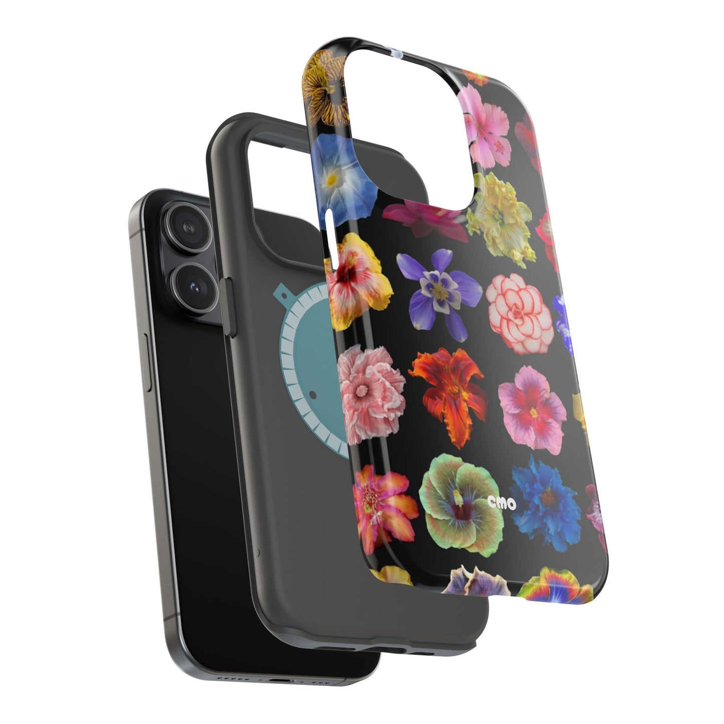 Magnetic Floral Impact-Resistant Phone Case — Colorful Blossoms on Black