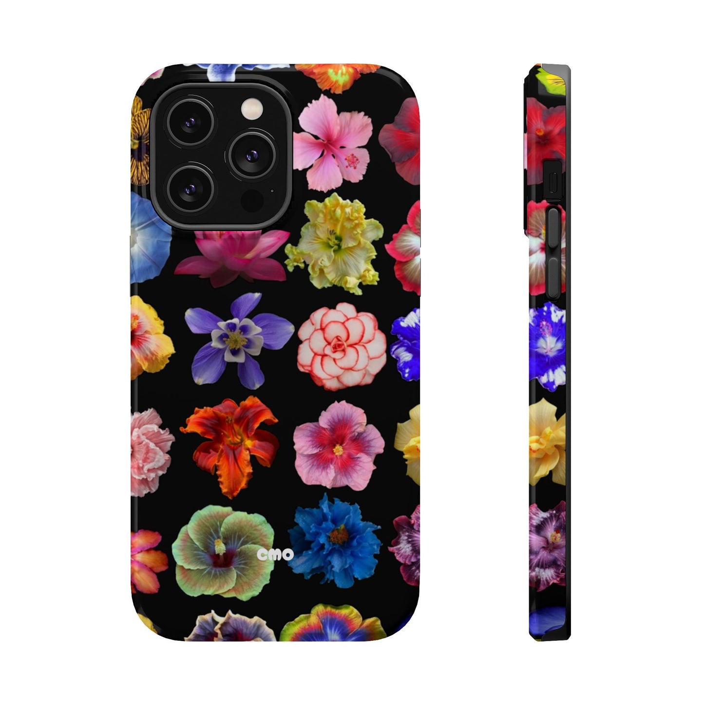 Magnetic Floral Impact-Resistant Phone Case — Colorful Blossoms on Black