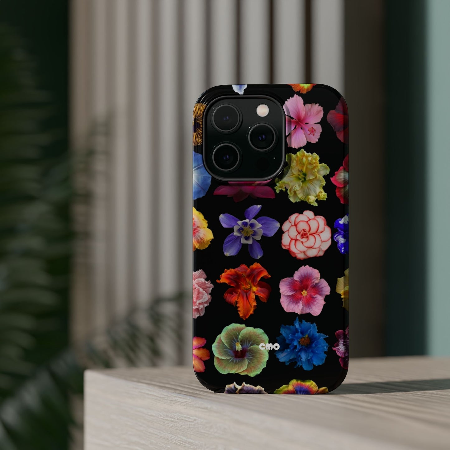 Magnetic Floral Impact-Resistant Phone Case — Colorful Blossoms on Black