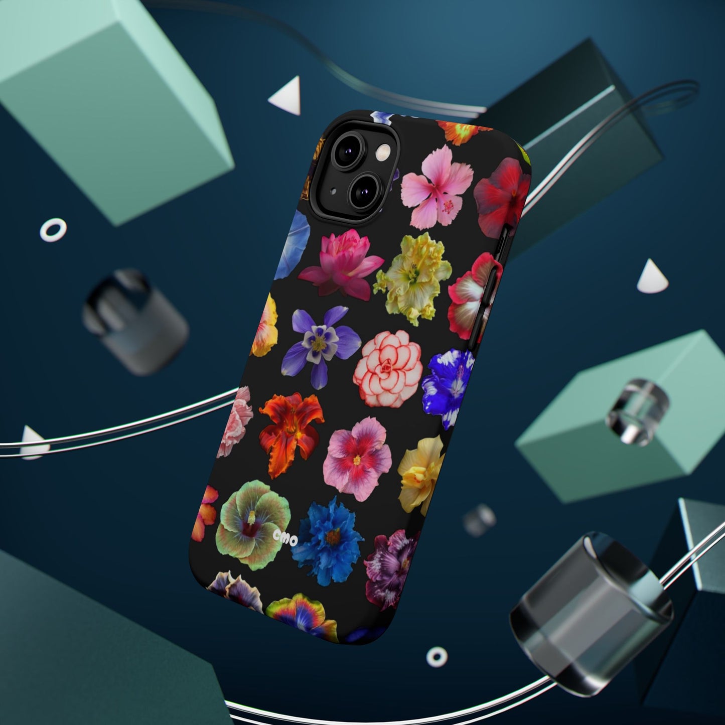 Magnetic Floral Impact-Resistant Phone Case — Colorful Blossoms on Black