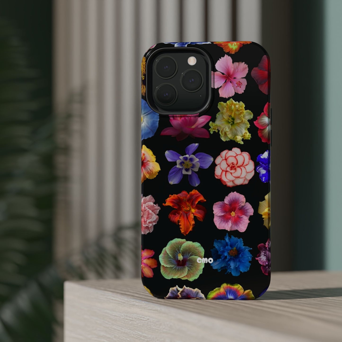 Magnetic Floral Impact-Resistant Phone Case — Colorful Blossoms on Black