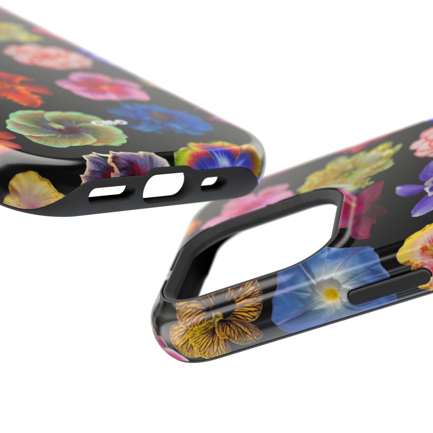 Magnetic Floral Impact-Resistant Phone Case — Colorful Blossoms on Black
