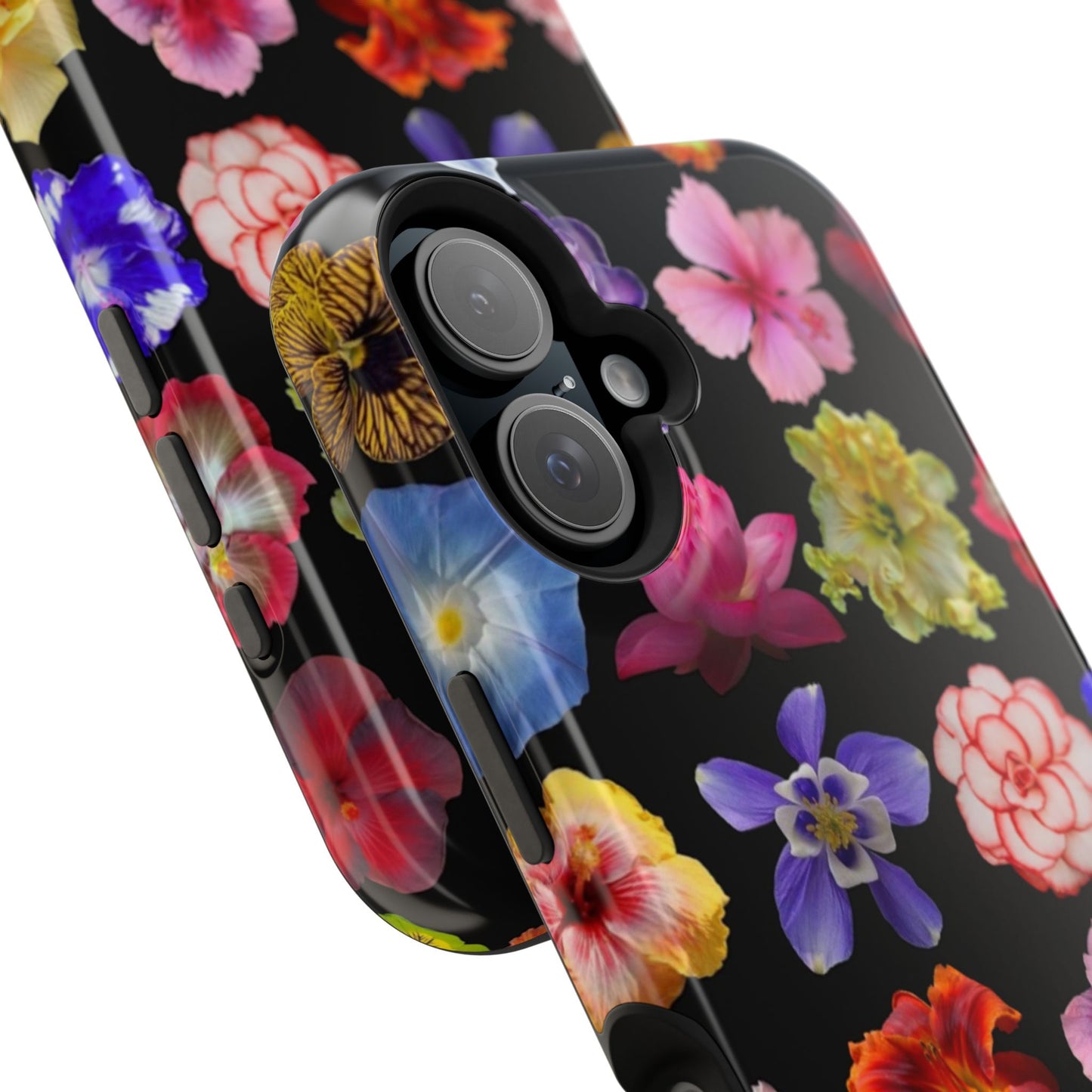 Magnetic Floral Impact-Resistant Phone Case — Colorful Blossoms on Black