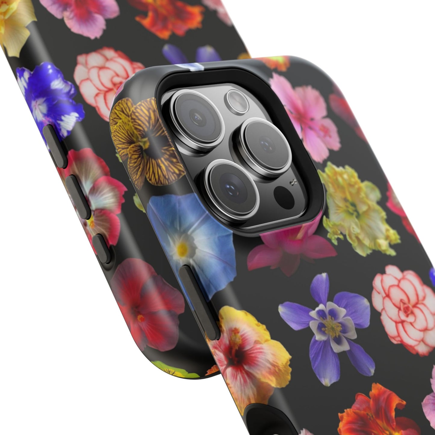 Magnetic Floral Impact-Resistant Phone Case — Colorful Blossoms on Black