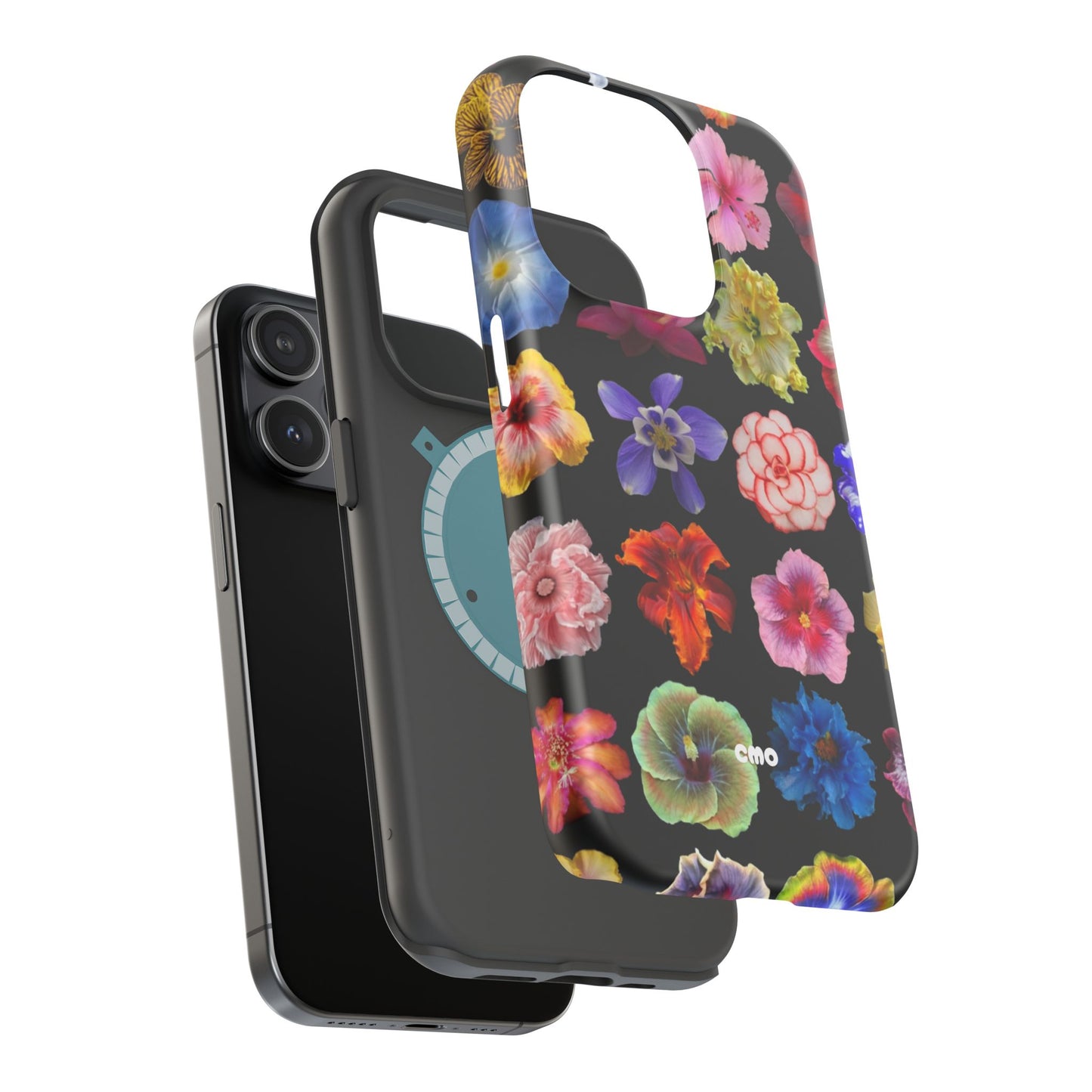 Magnetic Floral Impact-Resistant Phone Case — Colorful Blossoms on Black