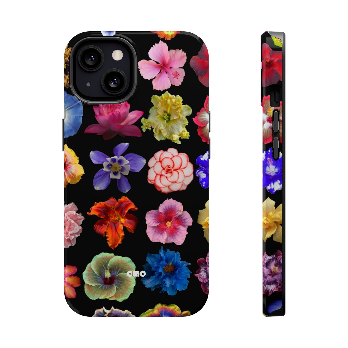Magnetic Floral Impact-Resistant Phone Case — Colorful Blossoms on Black