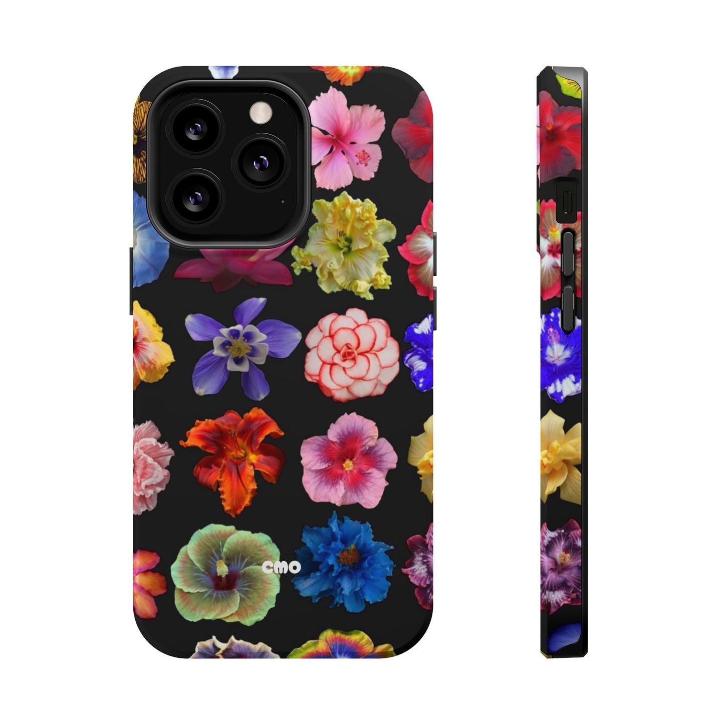 Magnetic Floral Impact-Resistant Phone Case — Colorful Blossoms on Black