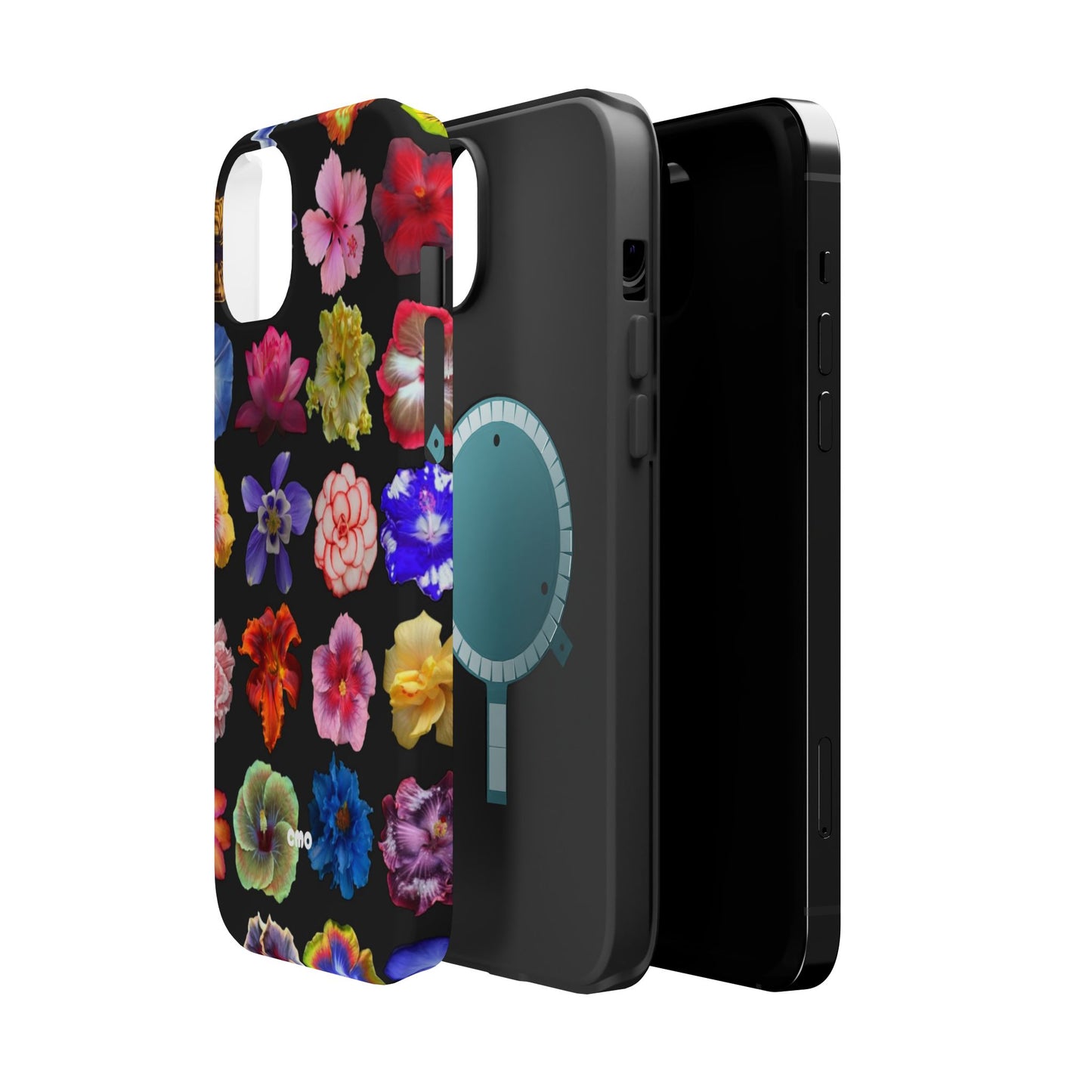 Magnetic Floral Impact-Resistant Phone Case — Colorful Blossoms on Black