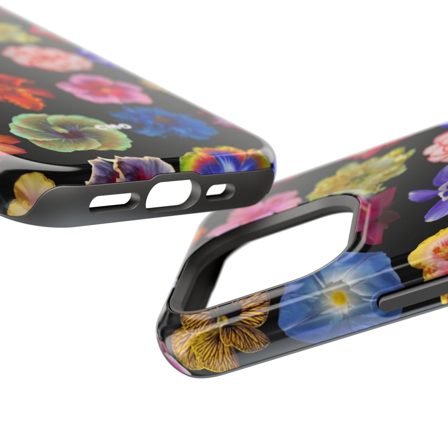 Magnetic Floral Impact-Resistant Phone Case — Colorful Blossoms on Black